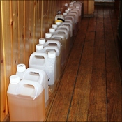The 24 hour urine collections lined up outside the toilet