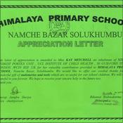 Himalaya Primary School certificate presented to Kay Mitchell