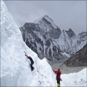 Gwen climbing, Pat belaying,  Khumbuste in the backgroung
